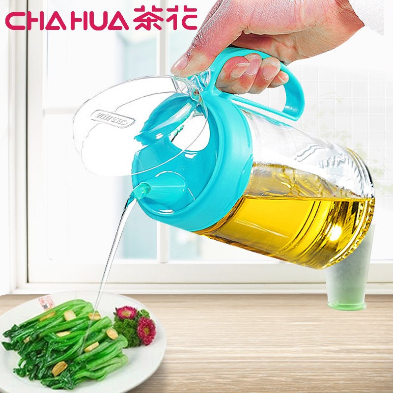 茶花油壶玻璃防漏厨房用品塑料油罐酱油瓶醋瓶醋壶大号油瓶6001 湖蓝色 550ML玻璃瓶身
