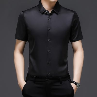 衬衣男夏季纯色修身商务休闲免烫短袖衬衫男装职业装定制LOGO批发 黑色 XXXL