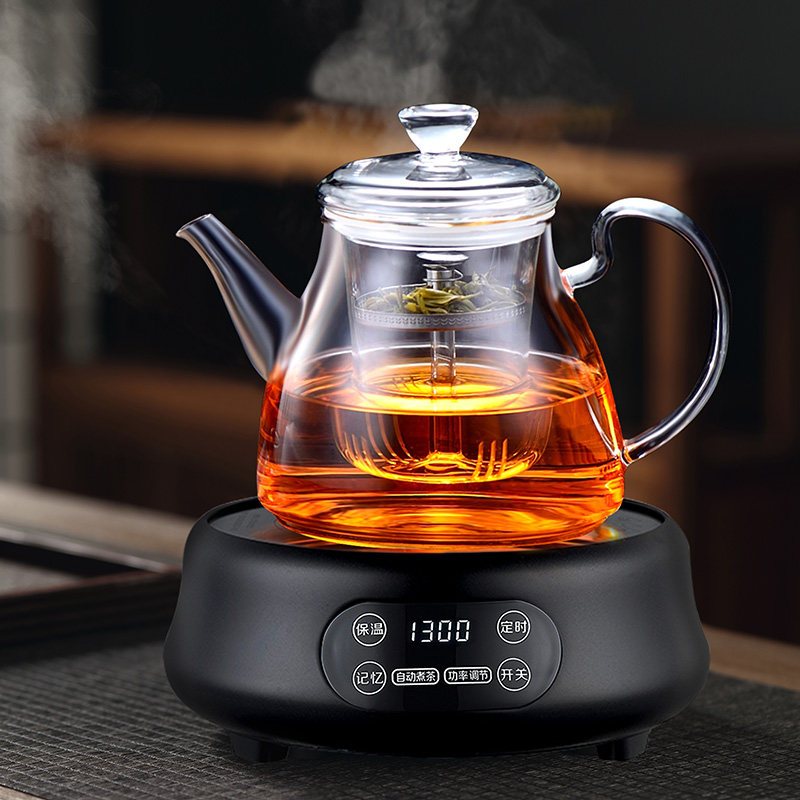 加厚煮茶壶玻璃白茶专用自动上水电陶炉黄金蛋烧水壶套装家用蒸汽煮茶器 双用壶C款+黑色腰型电陶炉+4杯
