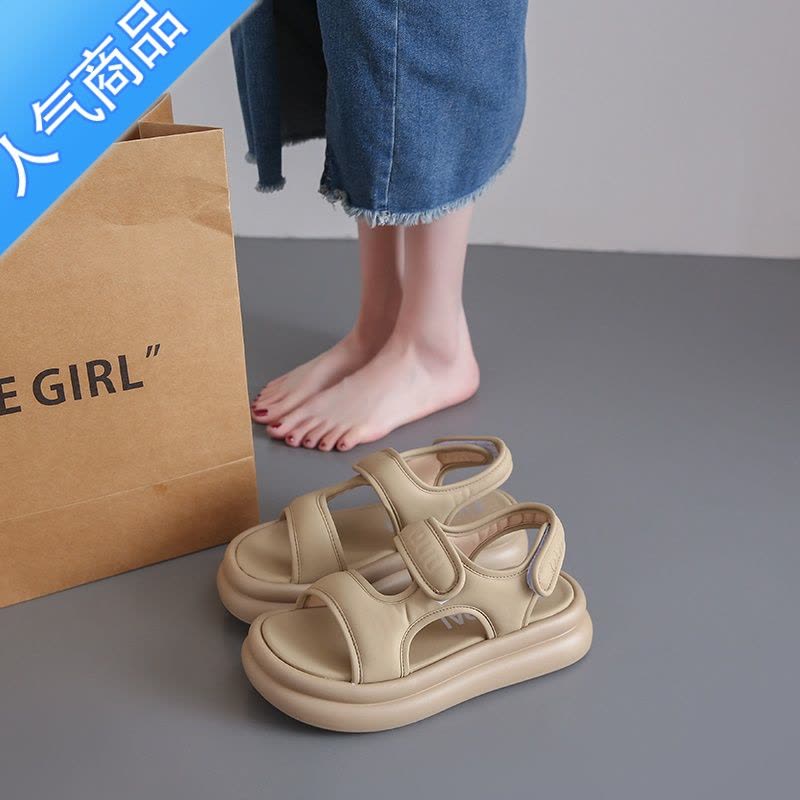 SUNTEK踩屎感凉鞋女款夏季2023新款厚底增高罗马鞋网红超火魔术贴沙滩鞋图片