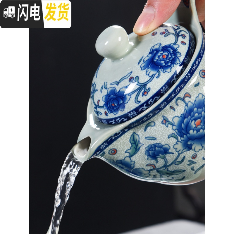 三维工匠防烫陶瓷茶具套装家用双层杯功夫茶具青花瓷中式茶杯茶壶套装简约 色土花鸟-1壶6杯+干泡盘