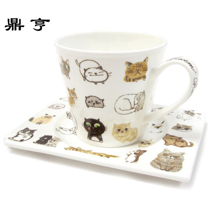 鼎亨日本加藤真治 手绘猫咪马克杯咖啡杯茶杯碟套装 两款入 猫奴