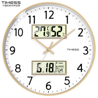 TIMESS日历钟表挂墙挂钟客厅家用时钟万年历双屏电子石英钟 12寸（直径30.5cm） 典雅金【双屏+日历温湿显示】