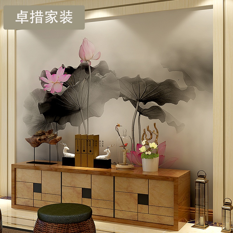 现代新中式壁纸电视沙背景墙壁画客厅写意抽象水墨荷花墙纸墙布壹德壹