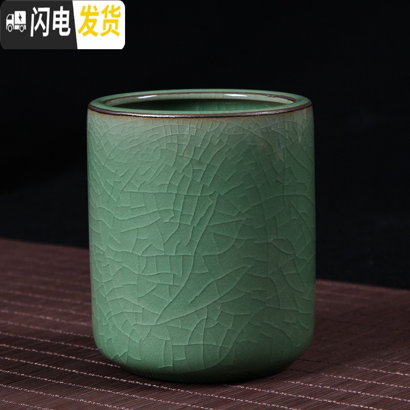 三维工匠龙泉青瓷创意时尚文具毛笔圆珠笔铅笔多功能复古办公圆形陶瓷笔筒 大号哥窑梅子青笔筒高清大图