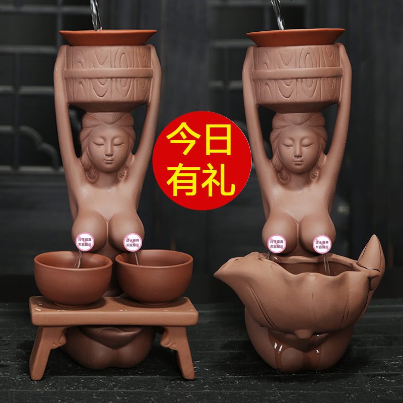 创意奶茶妹茶漏过滤器茶具配件茶宠美女喷水紫砂茶宠摆件精品可养