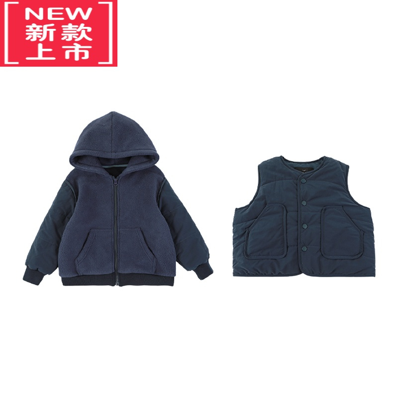 可莉允儿童拼接连帽防风毛绒加厚棉服外套冬季男童夹棉马甲冬装潮