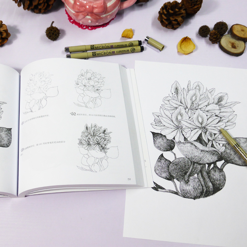 [醉染正版]黑白百花绘100种花语绘盛宴线稿技法书工笔画教程黑白画意铅笔画教程入门书籍手绘白描工笔花卉黑白线稿集细腻绘画高清大图