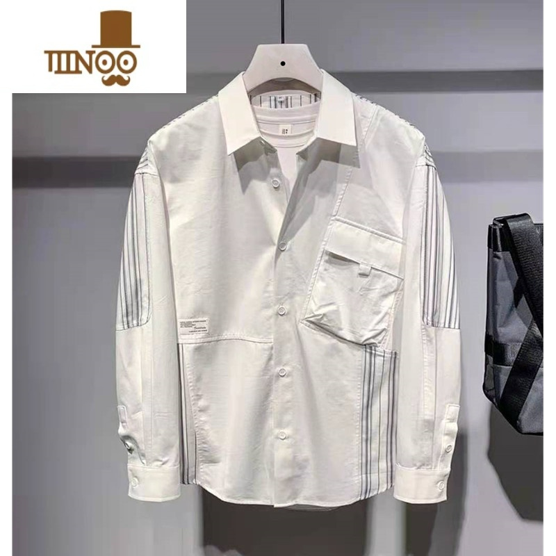 YANXU2023新款长袖衬衣日系小众设计条纹拼色衬衫男宽松痞帅外套