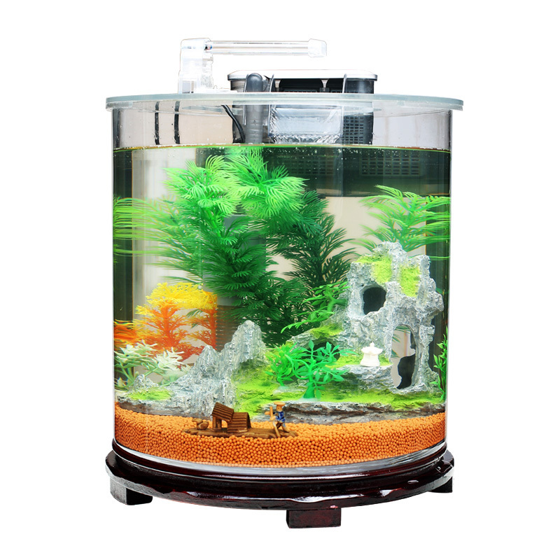 创意玻璃鱼缸小型客厅桌面圆柱形免换水懒人造景金鱼缸生态水族箱