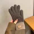 秋冬季保暖防滑加绒手套女士冬季加厚针织触屏手套男毛线手套 深咖