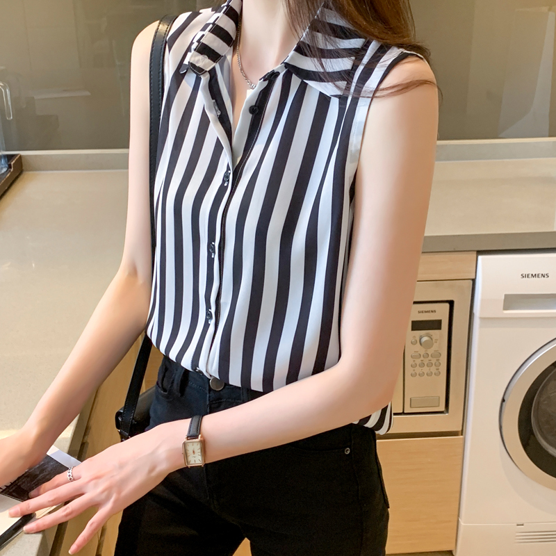 洋气黑白条纹夏季坎肩背心女外穿衬衫无袖雪纺打底衫内搭上衣