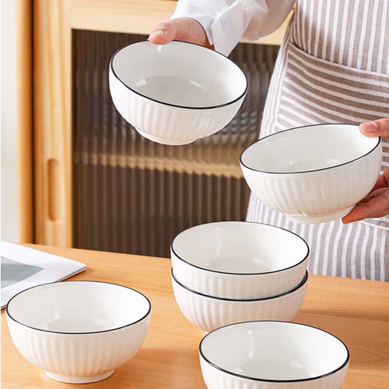 白瓷碗 纯白竖纹黑线陶瓷碗 4.5英寸 10只装