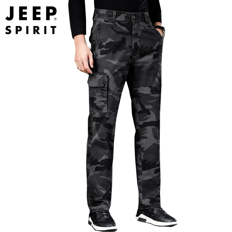 JEEP SPIRIT吉普男士纯棉工装裤男户外加厚直筒中腰多袋裤舒适棉登山弹力裤