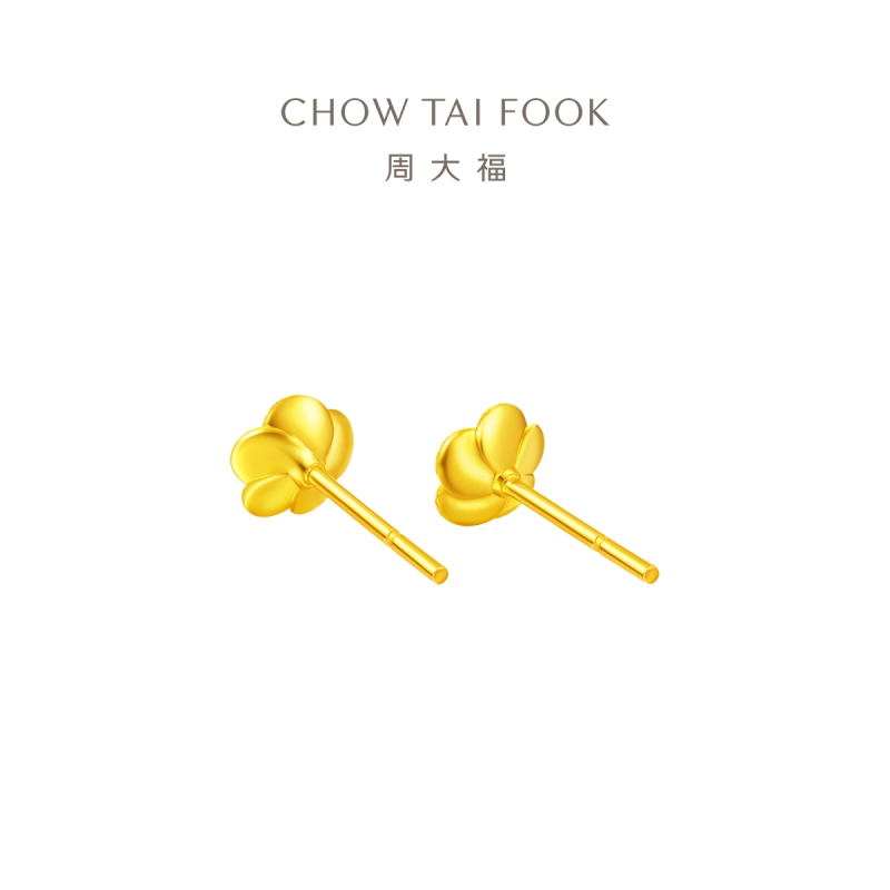 周大福珠宝首饰玫瑰花足金黄金耳钉计价 EOF188精品