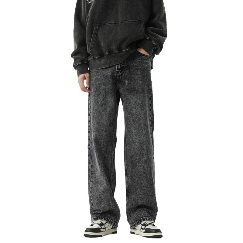 黑灰色牛仔裤阔腿宽松潮牌美式高级感直筒休闲长裤有加绒高清大图