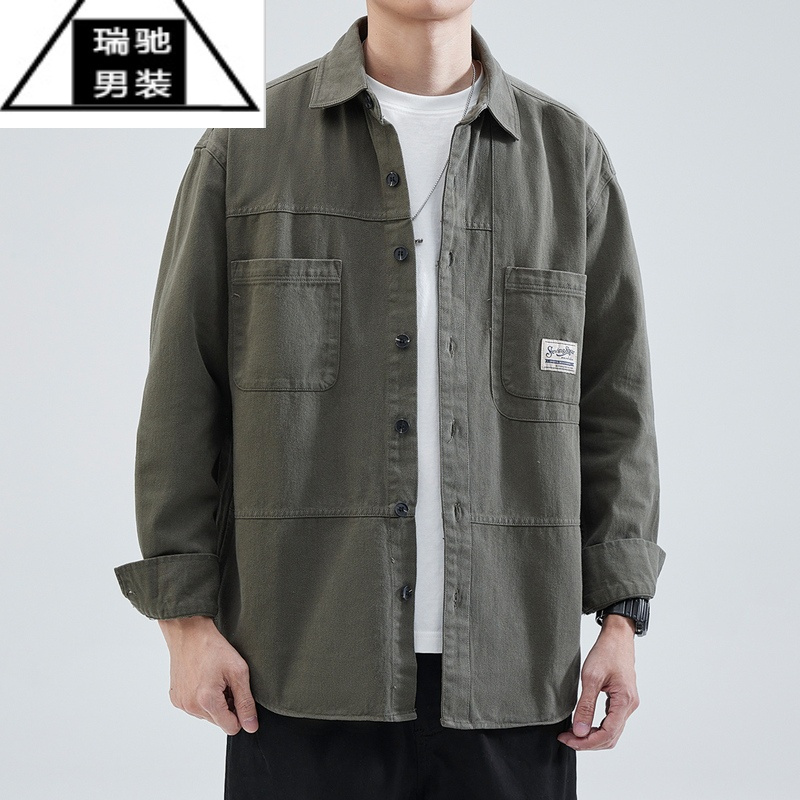 希杰狮王工装衬衫式夹克外套男士2023春秋款日系宽松休闲长袖衬衣男