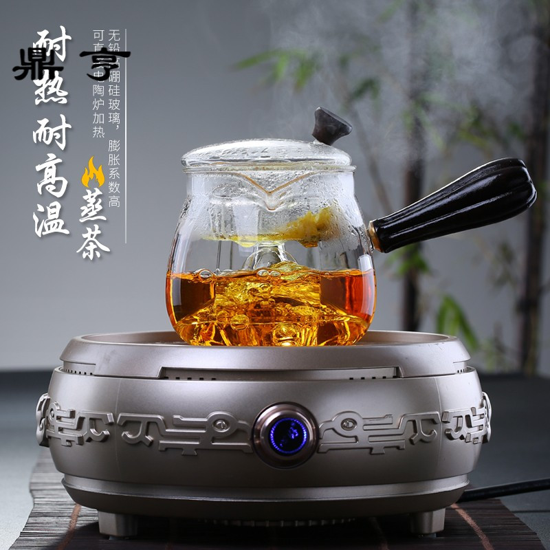 鼎亨玻璃蒸茶壶耐热侧把木把蒸茶器侧把电陶炉泡花茶壶黑茶普洱红
