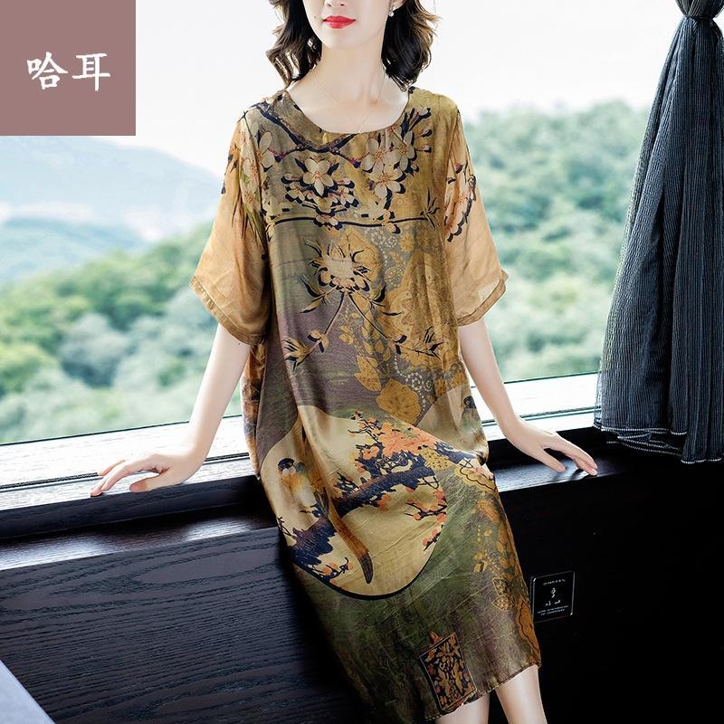 女长款连衣群香云纱连衣裙夏2019新款大码女装中年高贵妈妈装中长裙原创连衣裙 2019年秋季中老年妇女连衣裙