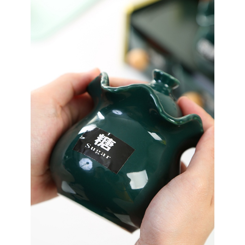 厨房用品家用陶瓷调料盒调味罐子烘焙精灵玻璃调味盒组合套装盐味精醋油瓶 皇冠-墨绿色十四件套带黑金架