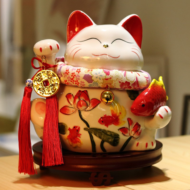 猫存钱罐大号陶瓷储蓄罐日本店铺开业创意礼品猫摆件礼品 三维工匠 10寸千万两紫樱棉垫猫高清大图