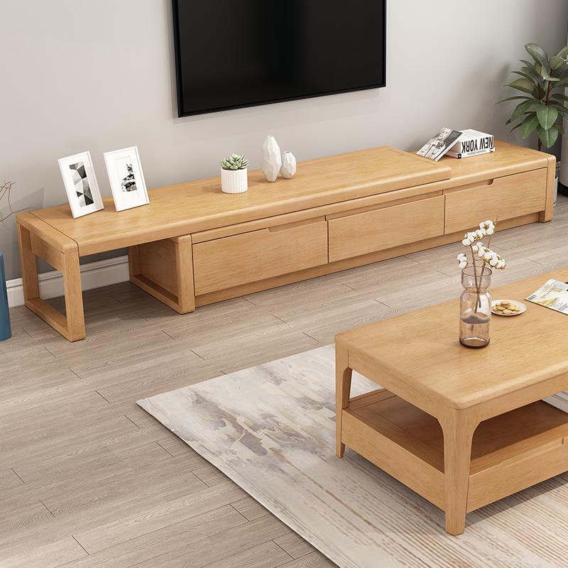实木电视柜茶几组合现代简约小户型伸缩电视机柜北欧家用客厅地柜 原木色电视柜+四抽茶几组装