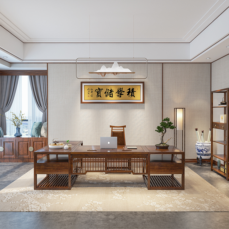 花千紫新中式实木办公桌椅组合老板桌高端简约现代大班台办公室定制