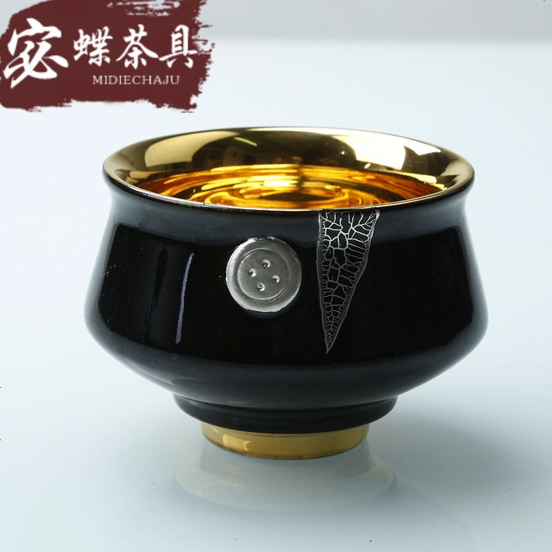 d44 黄金盏鎏银茶杯主人杯单杯大号鎏金杯扭转乾坤陶瓷品茗杯养生sy 24K金扭转乾坤杯