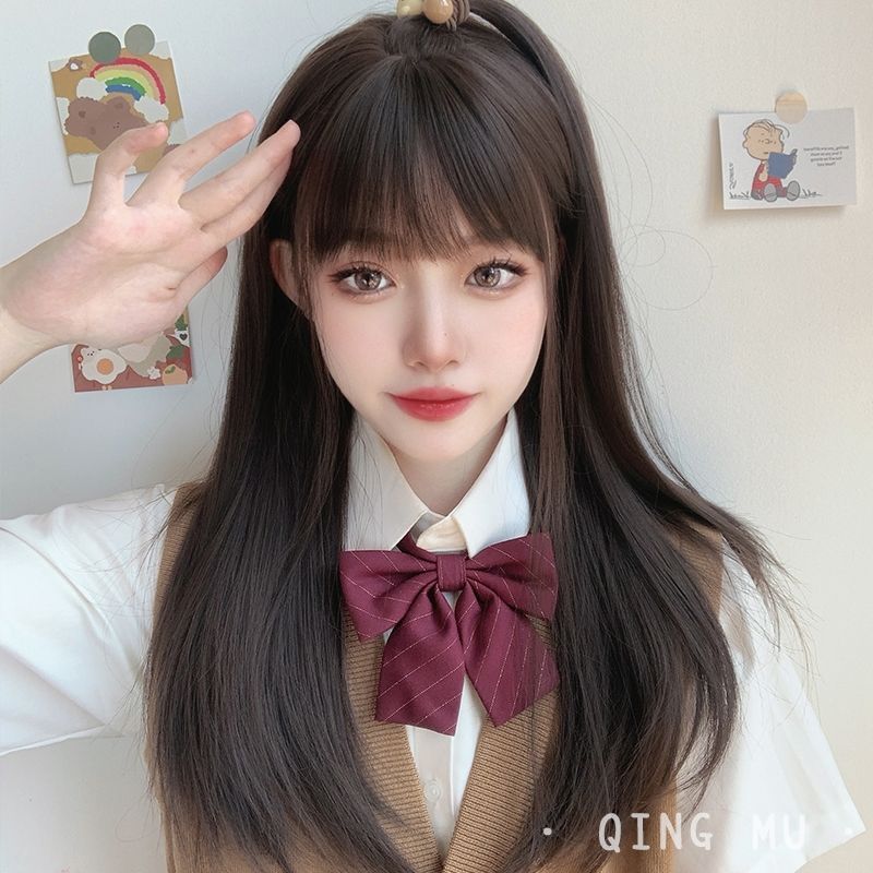 假发女长发jk日常黑长直全头套式 lolita假发中长发圆脸可爱 模特款[黑茶色]送五件套