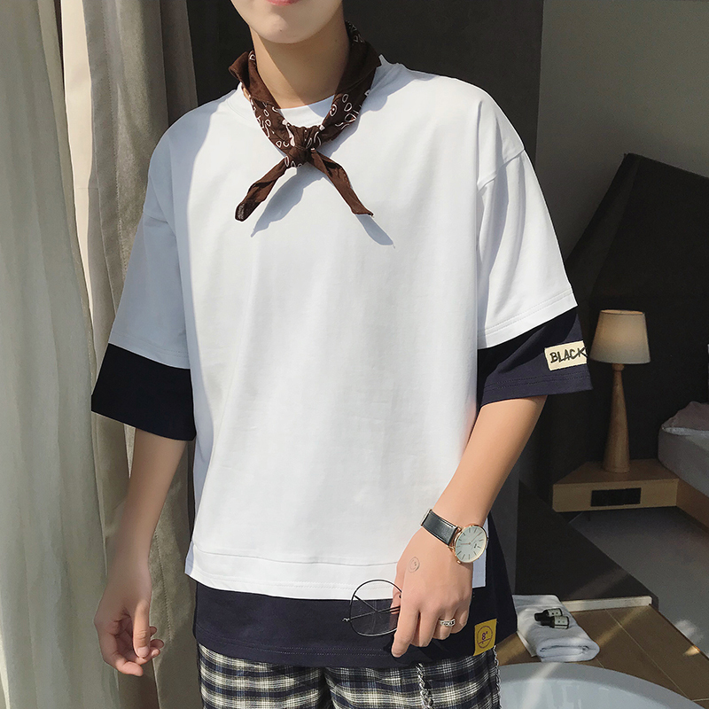 男士短袖T恤夏季迷彩7七分袖体恤韩版假两件5五分袖T恤男宽松衣服