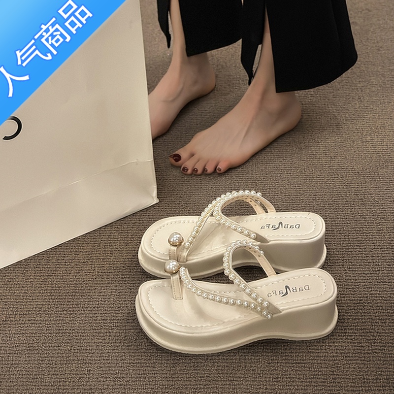 SUNTEK法式仙女配裙子厚底套趾拖鞋女夏季外穿2023新款网红超火珍珠凉鞋高清大图