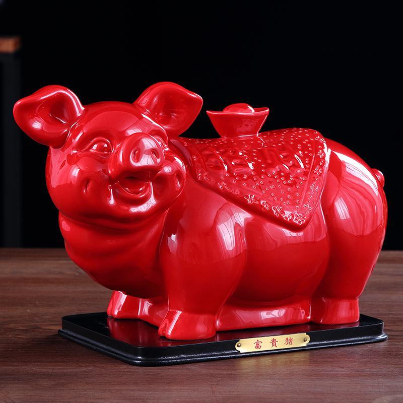 红色陶瓷猪摆件大号可爱吉祥物家居装饰十二生肖猪瓷器工艺品三维工匠
