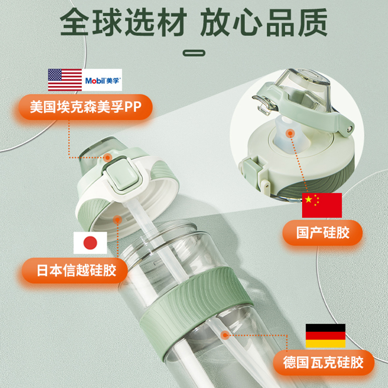 苏泊尔塑料杯吸管杯孕妇产妇杯子塑料大容量便携运动水杯简约可爱学生儿童杯高颜值耐高温tritan塑料杯子 KC60GZ20