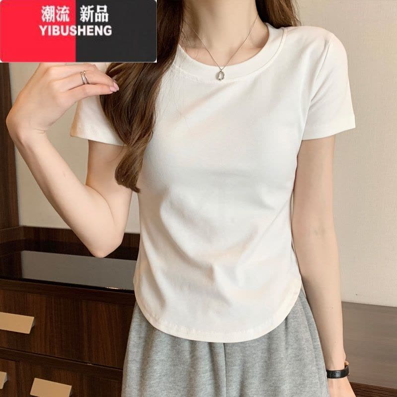 YIBUSHENG纯欲风圆领弧形下摆短袖t恤女季新款修身不规则上衣短款ins甜辣图片