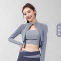 露脐拼色瑜伽外套瑜伽服高领修身显瘦裸感健身外套女 M 灰湖蓝