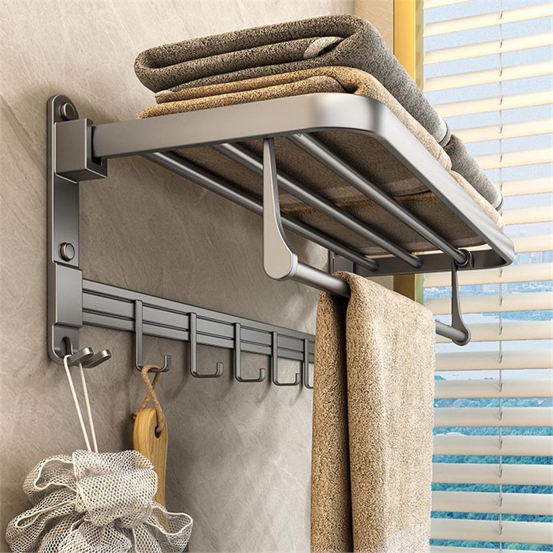 邦可臣枪灰浴巾架卫生间可折叠毛巾架浴室免打孔壁挂式太空铝置物架