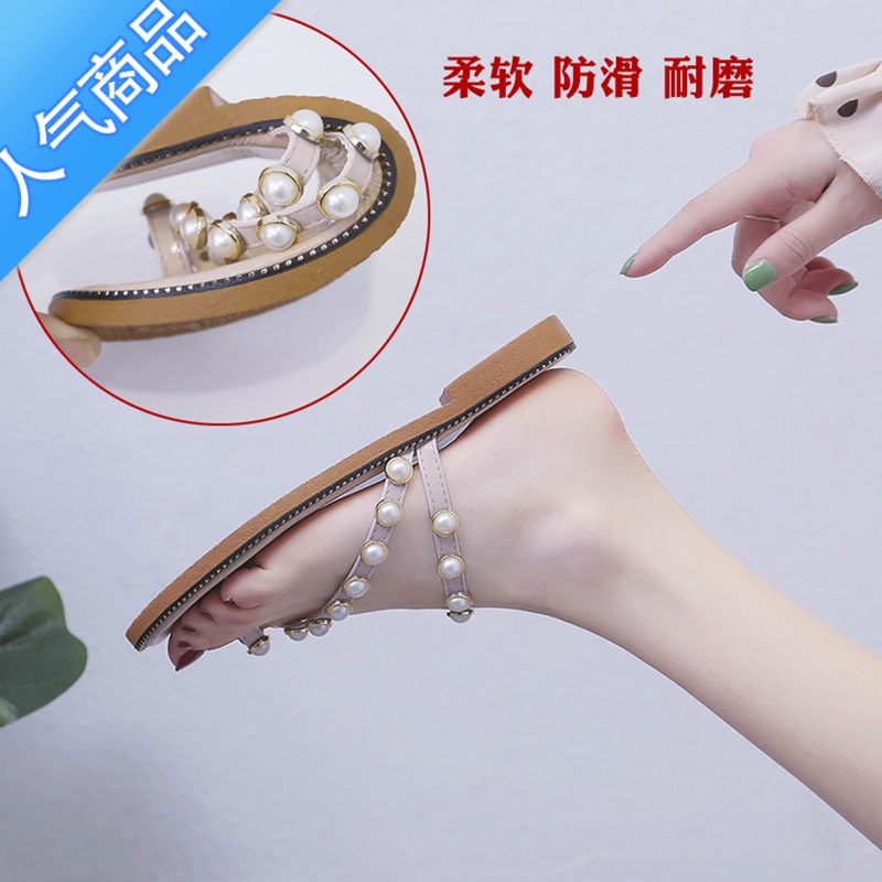 SUNTEK2023新款凉鞋女夏平底女鞋时尚外穿百搭套趾海边度假风珍珠K女穿高清大图