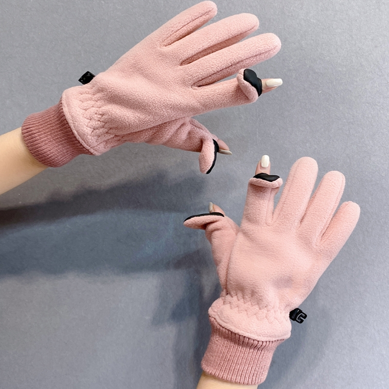 闪电客翻盖露指摇粒绒手套冬季女男情侣骑行电动自行车加绒加厚保暖