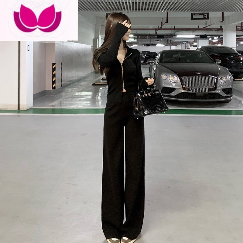 七斓秋季2022减龄网红休闲时尚针织上衣阔腿裤套职业小香风套装女高清大图