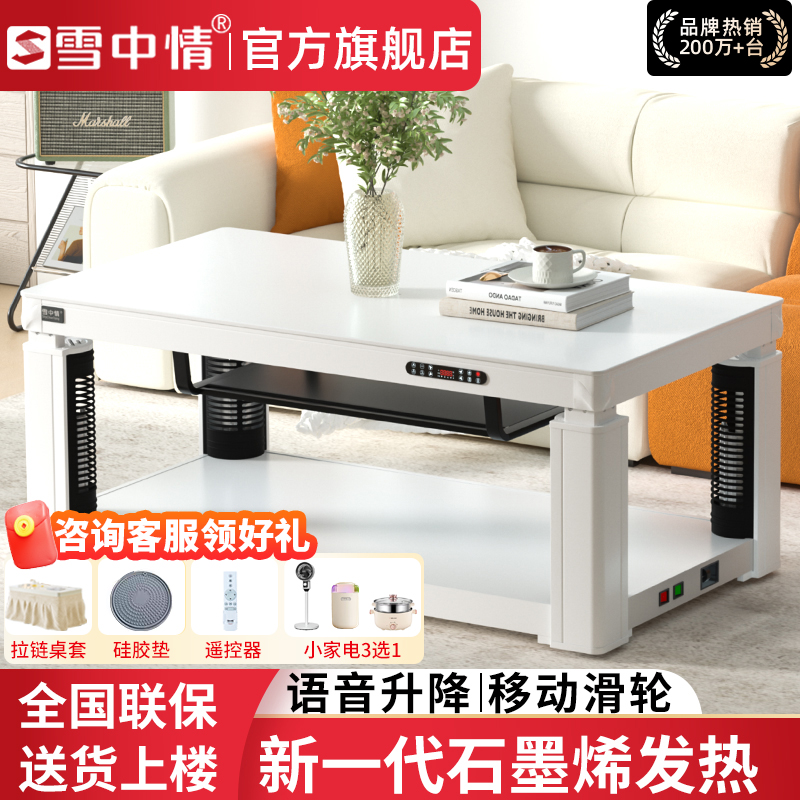 雪中情电暖桌取暖桌电暖炉烤火桌茶几一体升降电暖茶几家用客厅长方形烤火炉电炉取暖器电暖器电茶几岩板肤感白1.2米