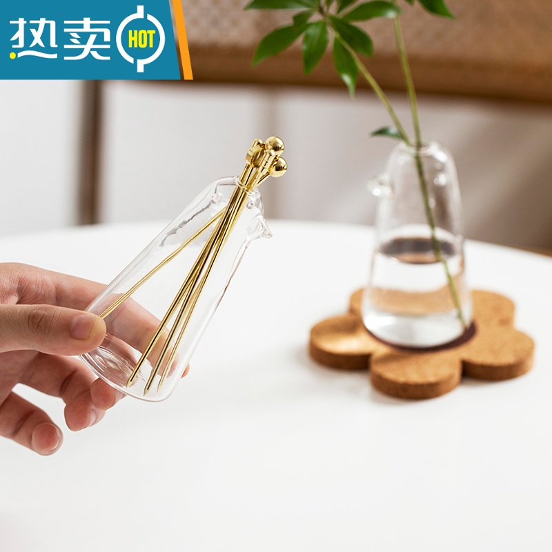 敬平不锈钢水果签ins风北欧创意玻璃企鹅果签座家用水果叉 欧式小奢华 A款果签6个装+企鹅瓶高清大图