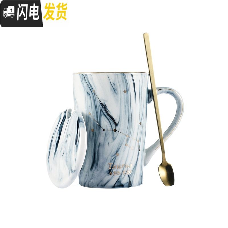 三维工匠十二星座马克杯带盖勺大容量简约牛奶咖啡杯陶瓷杯家用 (405)灰色-金牛座(4.20-5.20)[杯咖啡器具