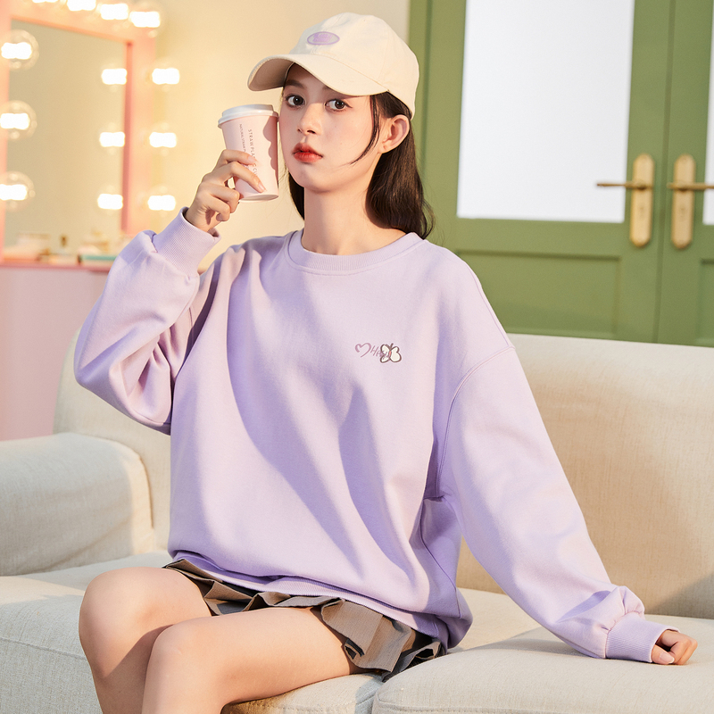 [1.5折价65元]唐狮秋季新款女卫衣紫色圆领宽松设计感甜美图案上衣小个子