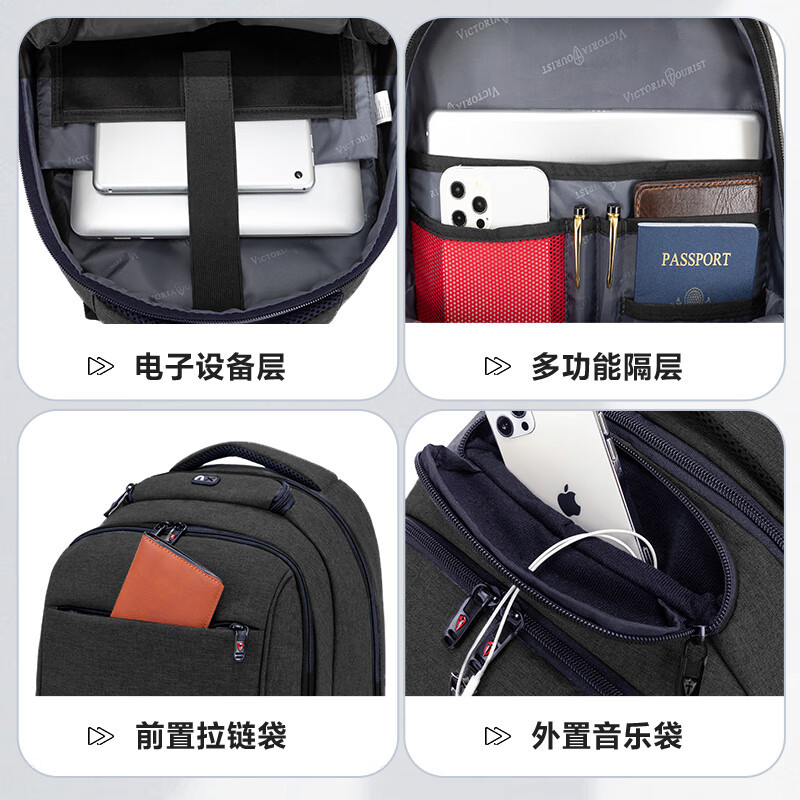 维多利亚旅行者大容量USB充电口双肩包笔记本电脑包背包906 黑17.3英寸高清大图