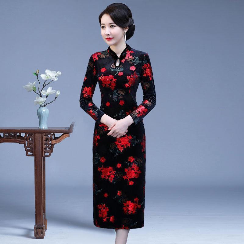 旗袍女春秋改良改良旗袍中长款中老年大码显瘦中国风妈妈连衣裙