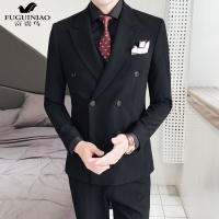富贵鸟（FUGUINIAO）男士竖条纹双排扣西服套装挺括顺滑修身商务正装韩版西装套装