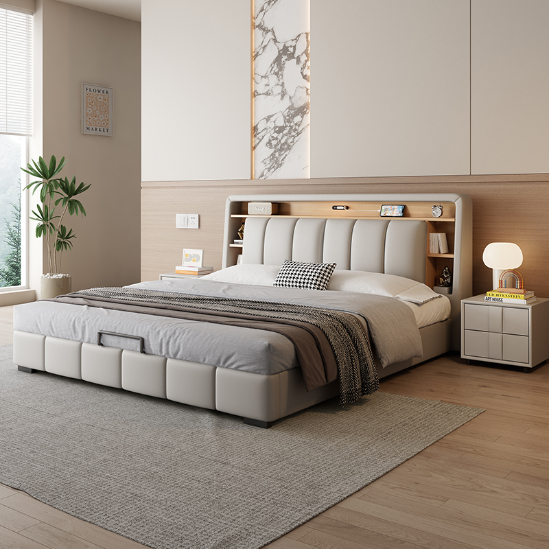 意式真皮床现代简约主卧室双人床家用多功能储物床软包大婚床高清大图