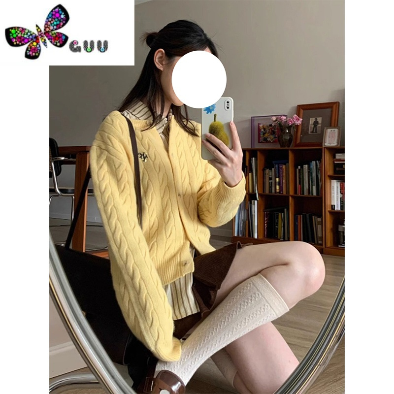 语娄黄色长袖麻花针织开衫女慵懒风外搭宽松短款毛衣外套上衣