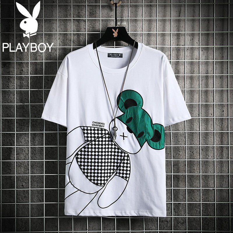 花花公子2022新款短袖T恤男潮牌小熊印花夏季休闲男装圆领上衣潮