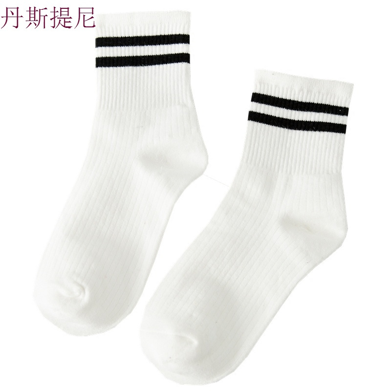 3双装中筒袜子女纯棉韩版学院风二条杠个性百搭运动长袜子春秋潮